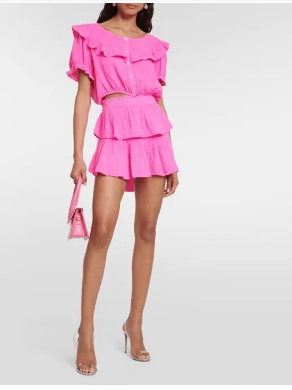 LoveShackFancy Hot Pink RuffleTiered Mini Skirt Size XS Beach Vacation Coverup - Picture 8 of 8